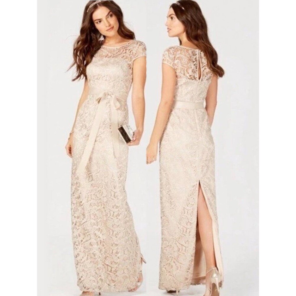 Adrianna Papell Lace Cap Sleeve Illusion Gown